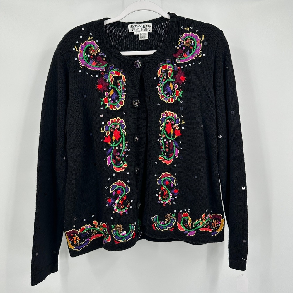 Jack B Quick Womens Vintage Floral Emboridered Cardigan Sweater Sz S Maximalist